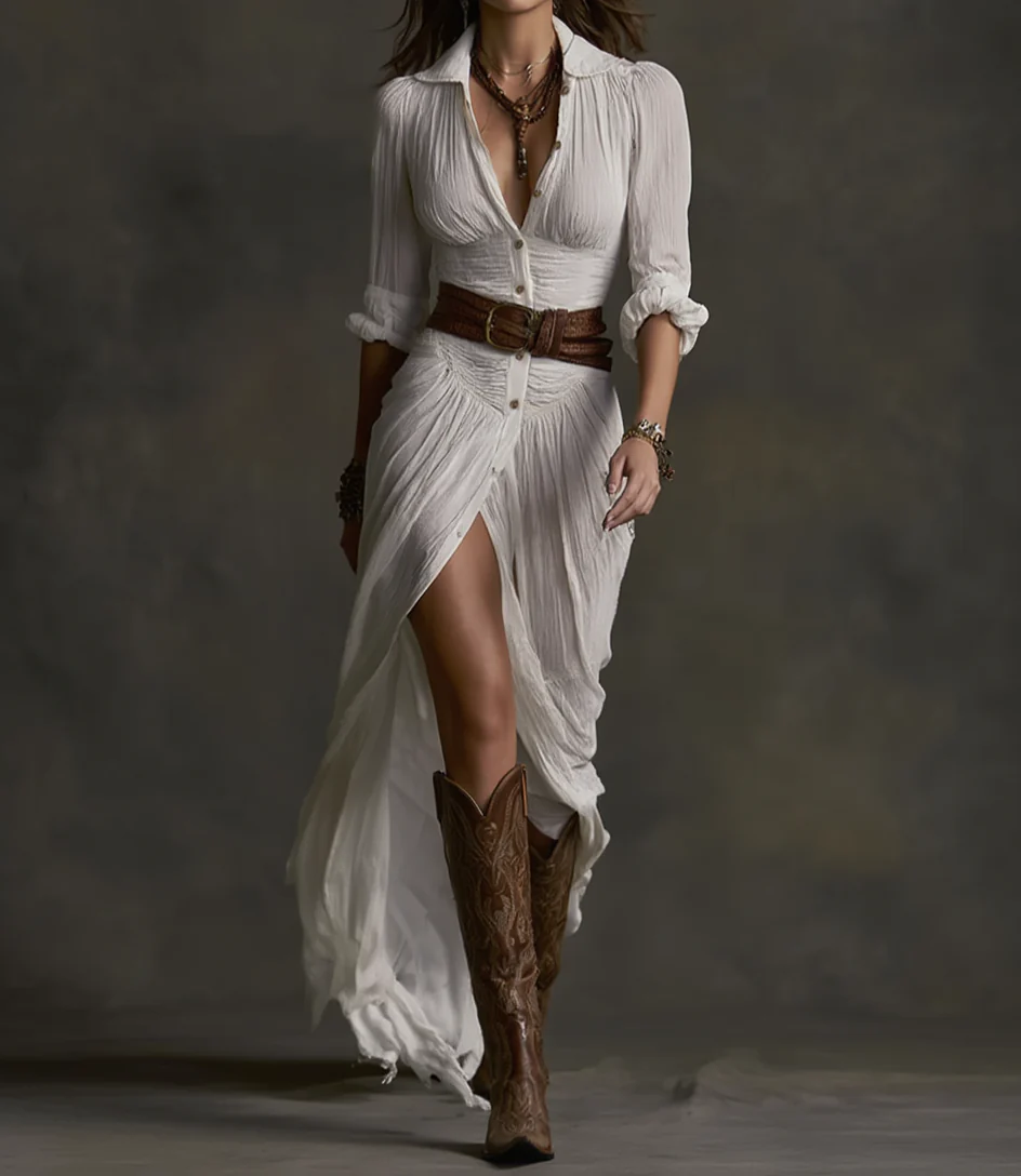 AURORA™ | LONG LINEN DRESS WITH REVERSE COLLAR - Image 5