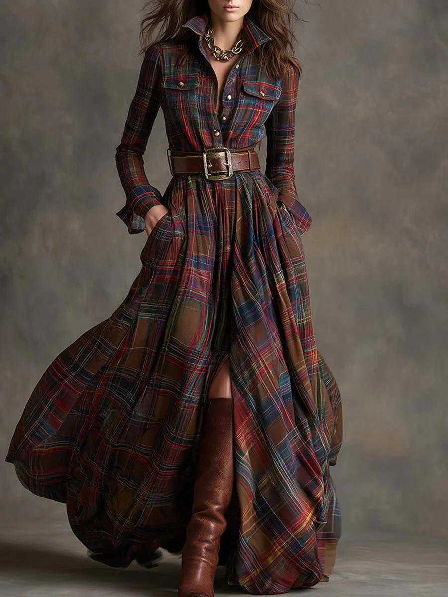 BEATRICE™ | BELTED PLAID MAXI DRESS