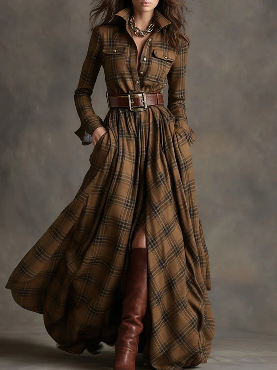 BEATRIZ™ | LONG CHECKED DRESS WITH BELT - Image 3