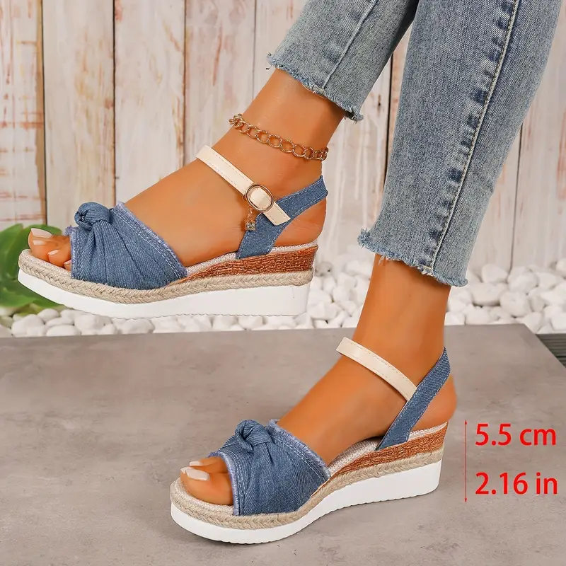 BEGA™ WOMEN'S DENIM BOW ANKLE STRAP WEDGE SANDALS - Image 5