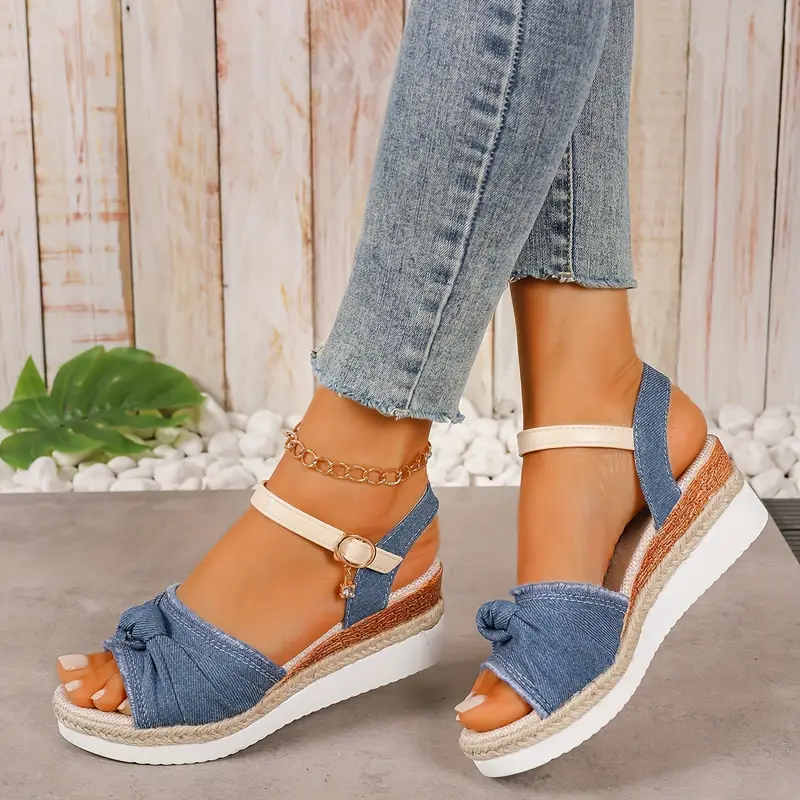BEGA™ WOMEN'S DENIM BOW ANKLE STRAP WEDGE SANDALS - Image 6