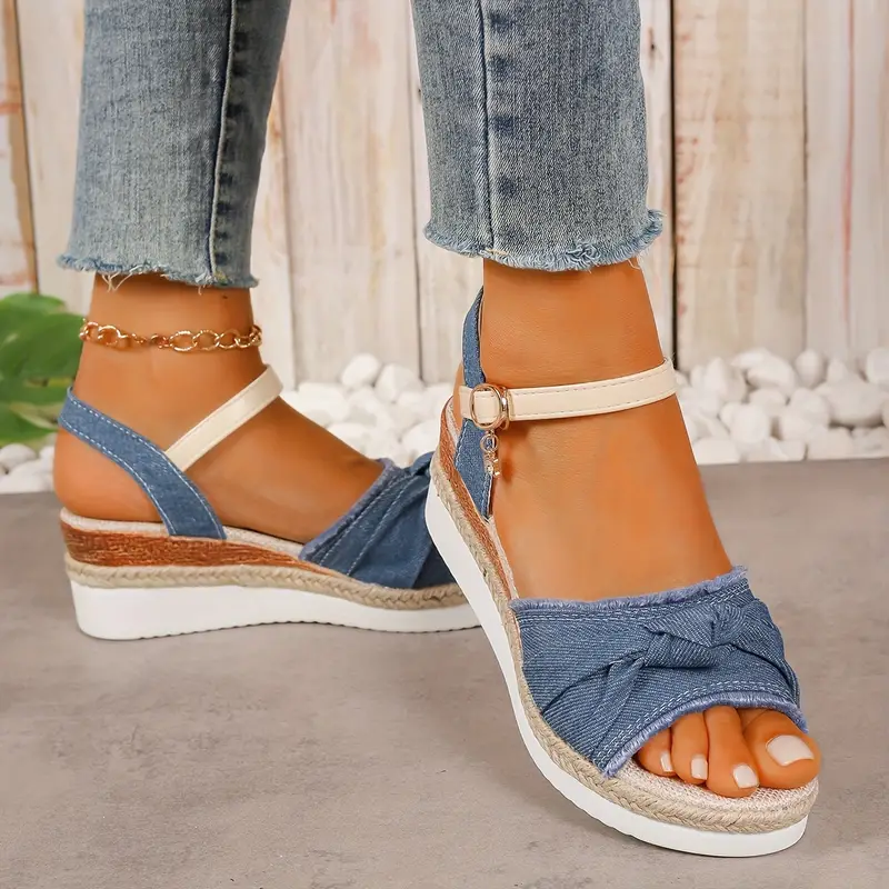 BEGA™ WOMEN'S DENIM BOW ANKLE STRAP WEDGE SANDALS - Image 7