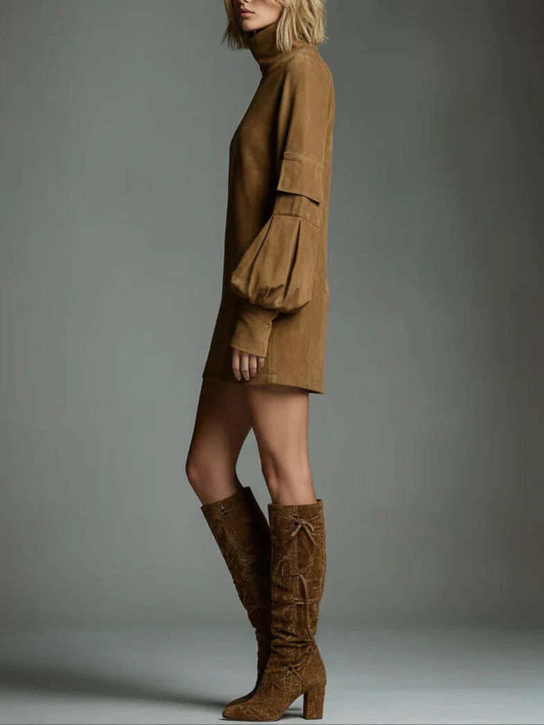 BELI™ | OVERSIZED SUEDE MINI DRESS WITH HIGH NECK - Image 4