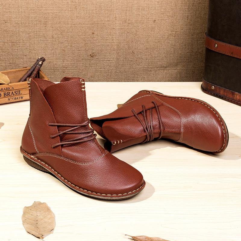 WOMEN CROSS STRAP COWHIDE LEATHER ANKLE BOOTS - Image 2