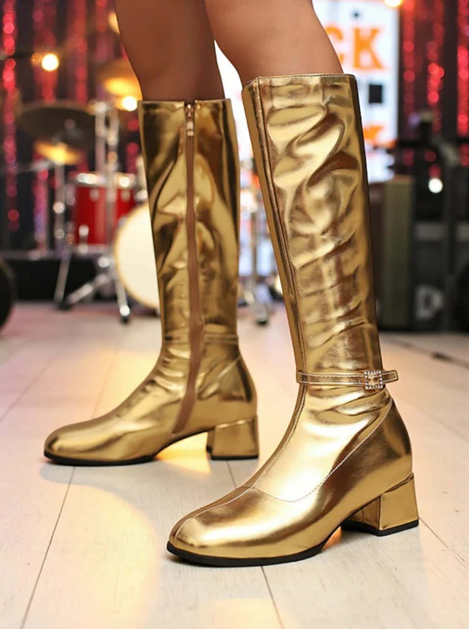 DISCO™ WOMEN'S SHINY SILVER BLOCK HEEL KNEE-HIGH BOOTS - Image 10