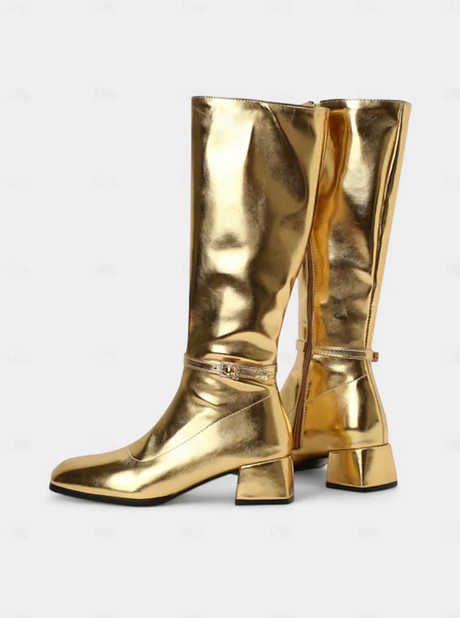 DISCO™ WOMEN'S SHINY SILVER BLOCK HEEL KNEE-HIGH BOOTS - Image 14