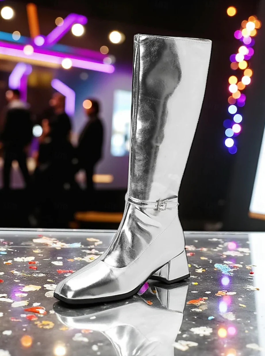 DISCO™ WOMEN'S SHINY SILVER BLOCK HEEL KNEE-HIGH BOOTS - Image 4