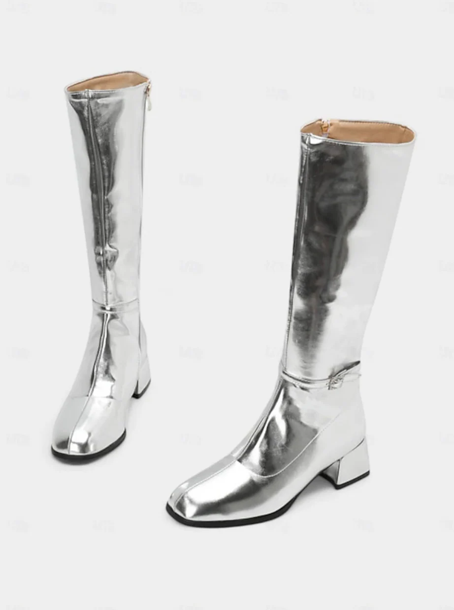 DISCO™ WOMEN'S SHINY SILVER BLOCK HEEL KNEE-HIGH BOOTS - Image 6