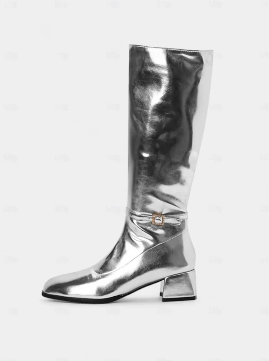 DISCO™ WOMEN'S SHINY SILVER BLOCK HEEL KNEE-HIGH BOOTS - Image 7