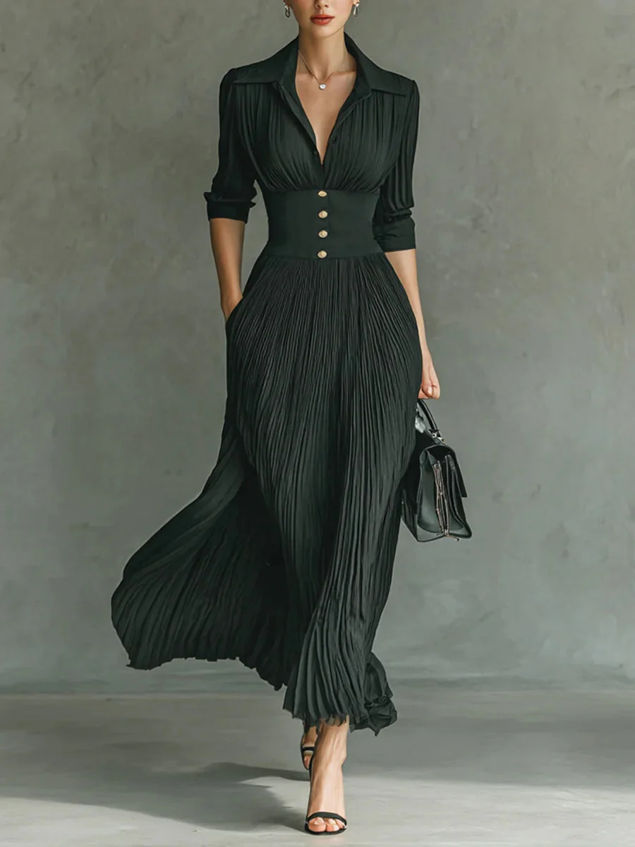 ELVIRA™ | LONG PLEATED DRESS WITH LAPEL AND HIGH WAIST