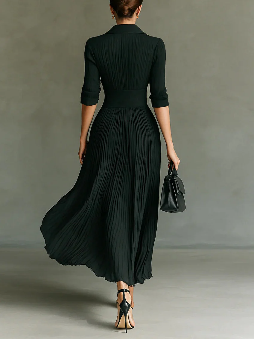ELVIRA™ | LONG PLEATED DRESS WITH LAPEL AND HIGH WAIST - Image 2
