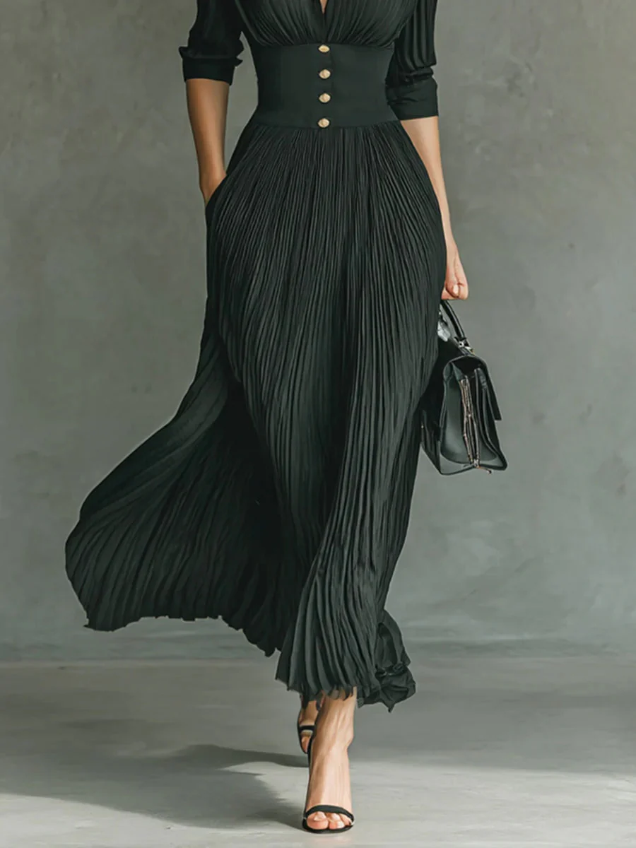 ELVIRA™ | LONG PLEATED DRESS WITH LAPEL AND HIGH WAIST - Image 3
