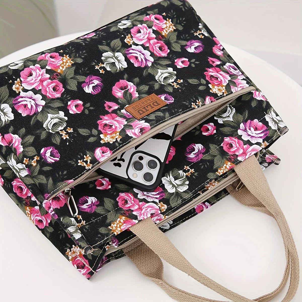 FLORA BLOOM™ — DURABLE FLORAL PRINT TOTE BAG WITH ZIP CLOSURE - Image 3