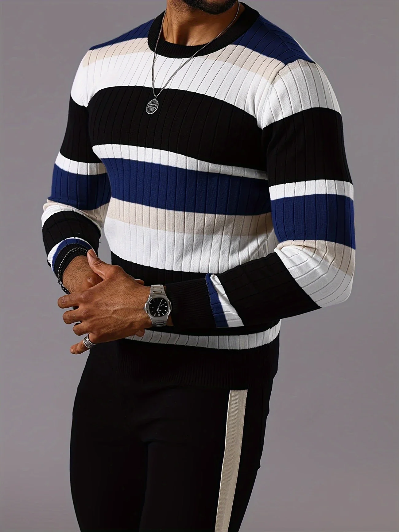 LINECRAFT EDGE™ — MEN’S STRIPED COLOR-BLOCK RIBBED KNIT SWEATER - Image 7