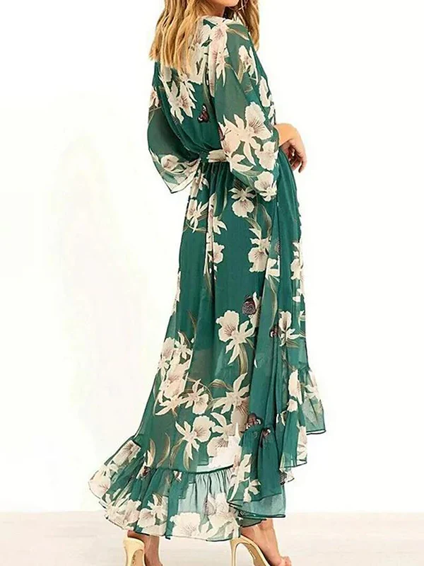 MARZELLA™ – GREEN PRINT DRESS WITH 3/4 SLEEVES AND V-NECK - Image 4