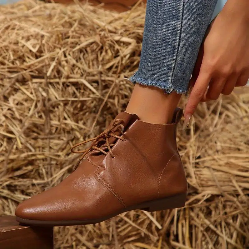 WOMEN'S RETRO ROUND TOE FLAT ANKLE BOOTIES - Image 5