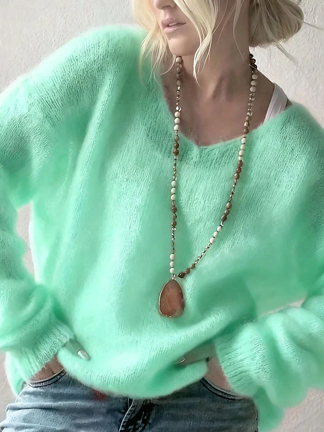 Women's Elegant V-Neck Pullover — Solid Colour, Long Sleeve, Regular Fit - Image 3