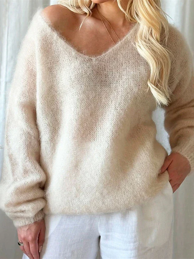 Women's Elegant V-Neck Pullover — Solid Colour, Long Sleeve, Regular Fit - Image 4